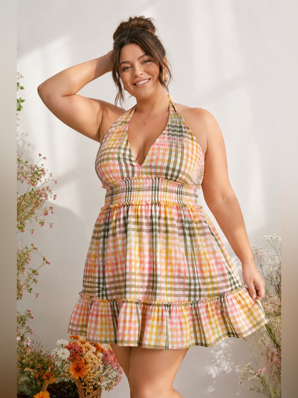Aerie Spring Fling Gingham Halter Smocked Mini Dress XL NWOT prairie